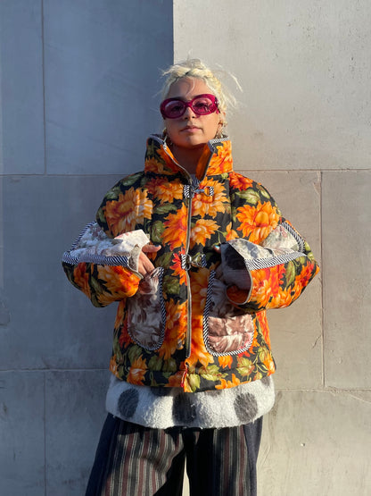 The Puffer Jacket in Orange and Pink Florals