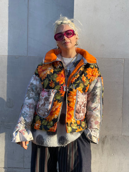 The Puffer Jacket in Orange and Pink Florals