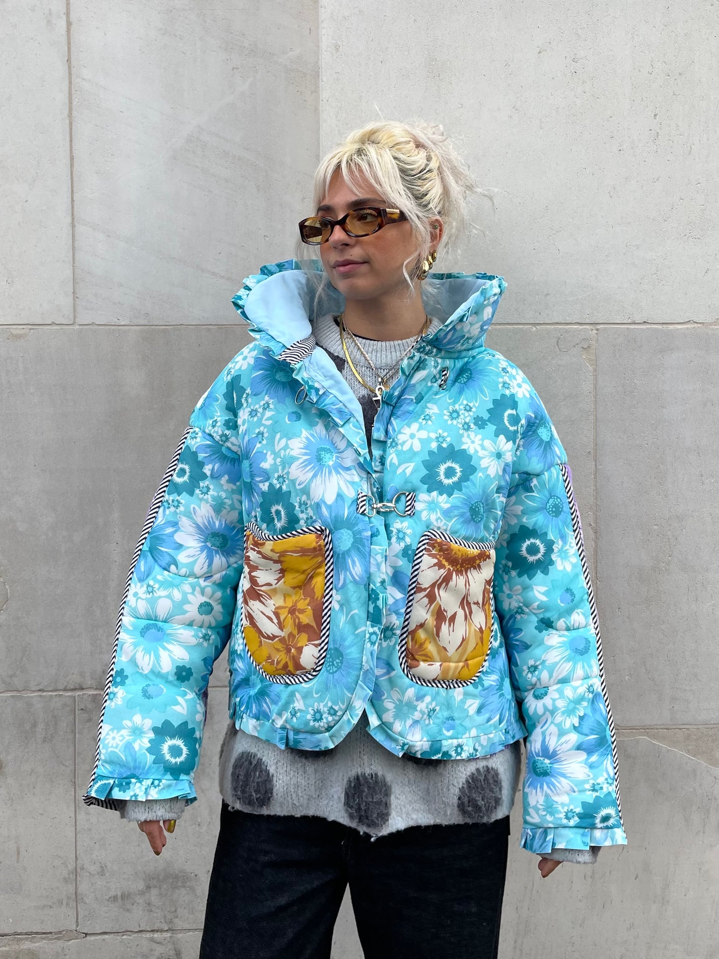 The Puffer Jacket in Blue and Yellow Florals