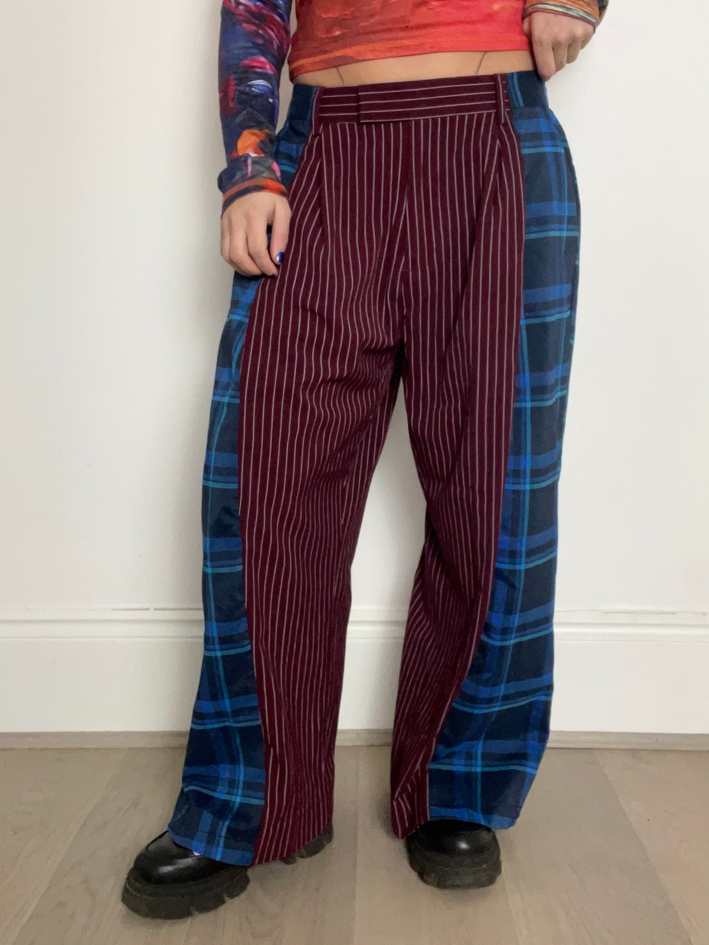 The Two-Tone Trousers in Burgundy pinstripe and Blue Tartan