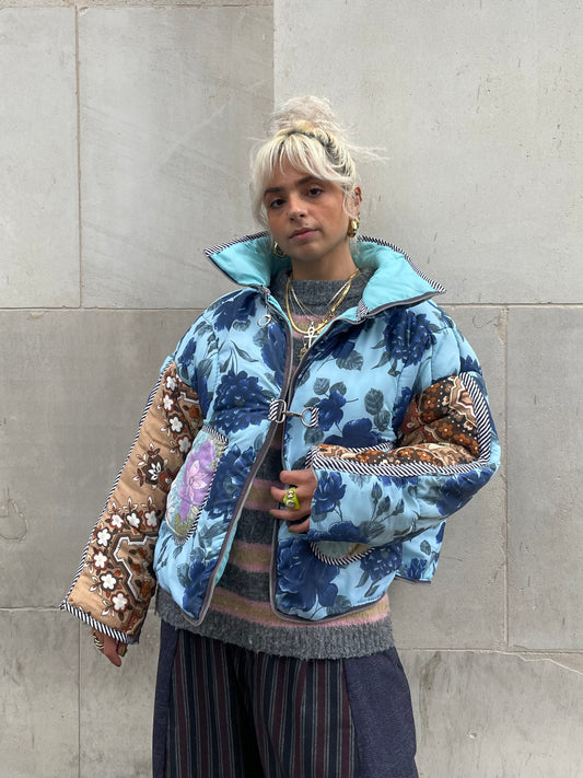 The Puffer Jacket in Blue and Brown Florals