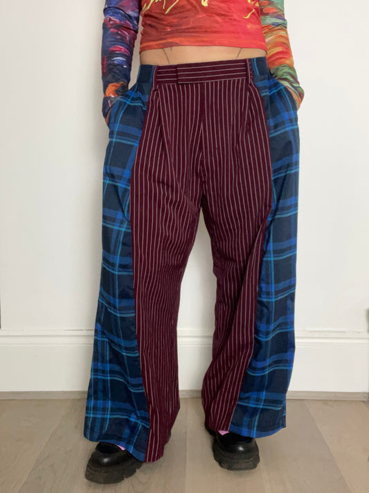 The Two-Tone Trousers in Burgundy pinstripe and Blue Tartan