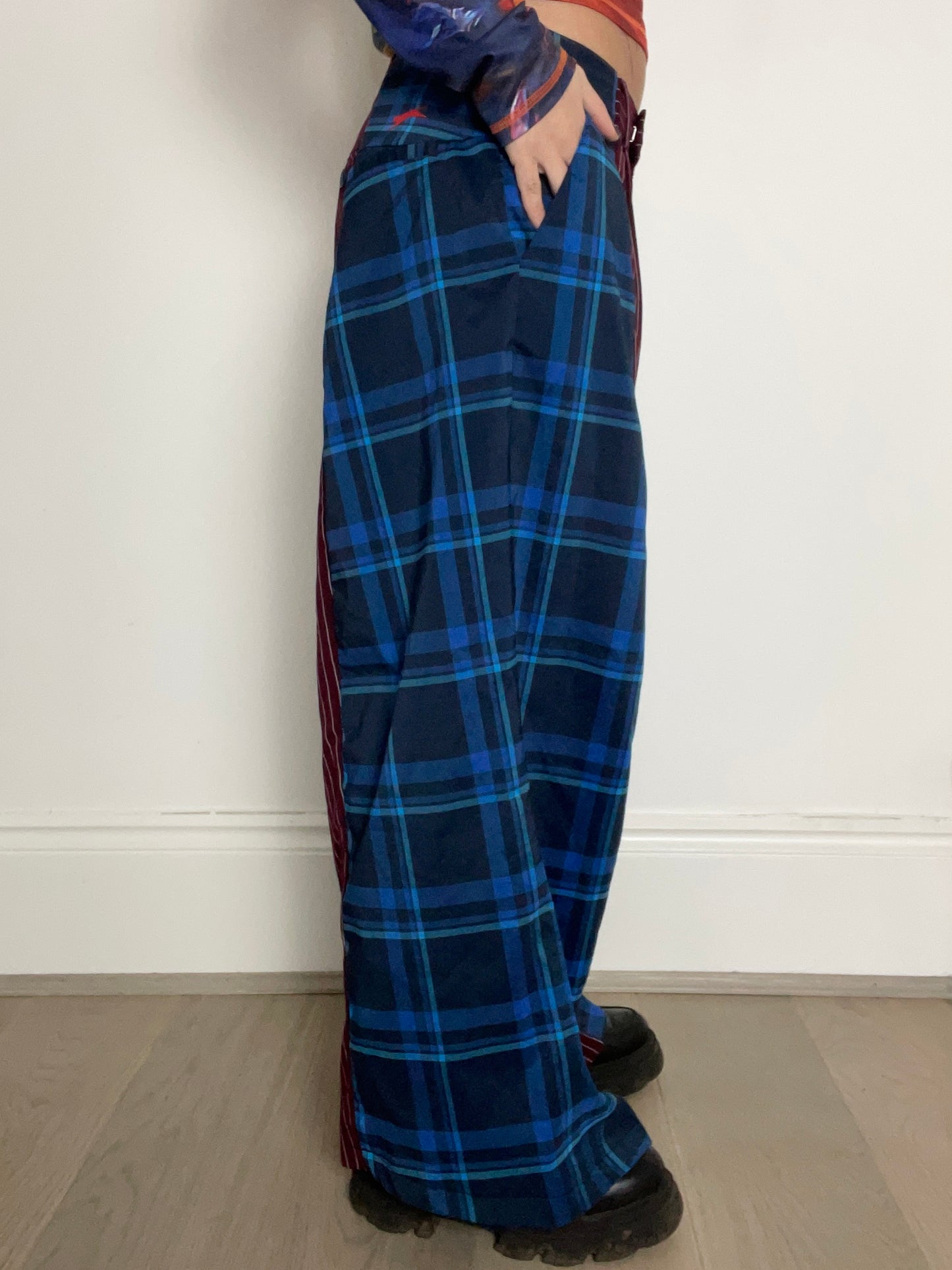 The Two-Tone Trousers in Burgundy pinstripe and Blue Tartan