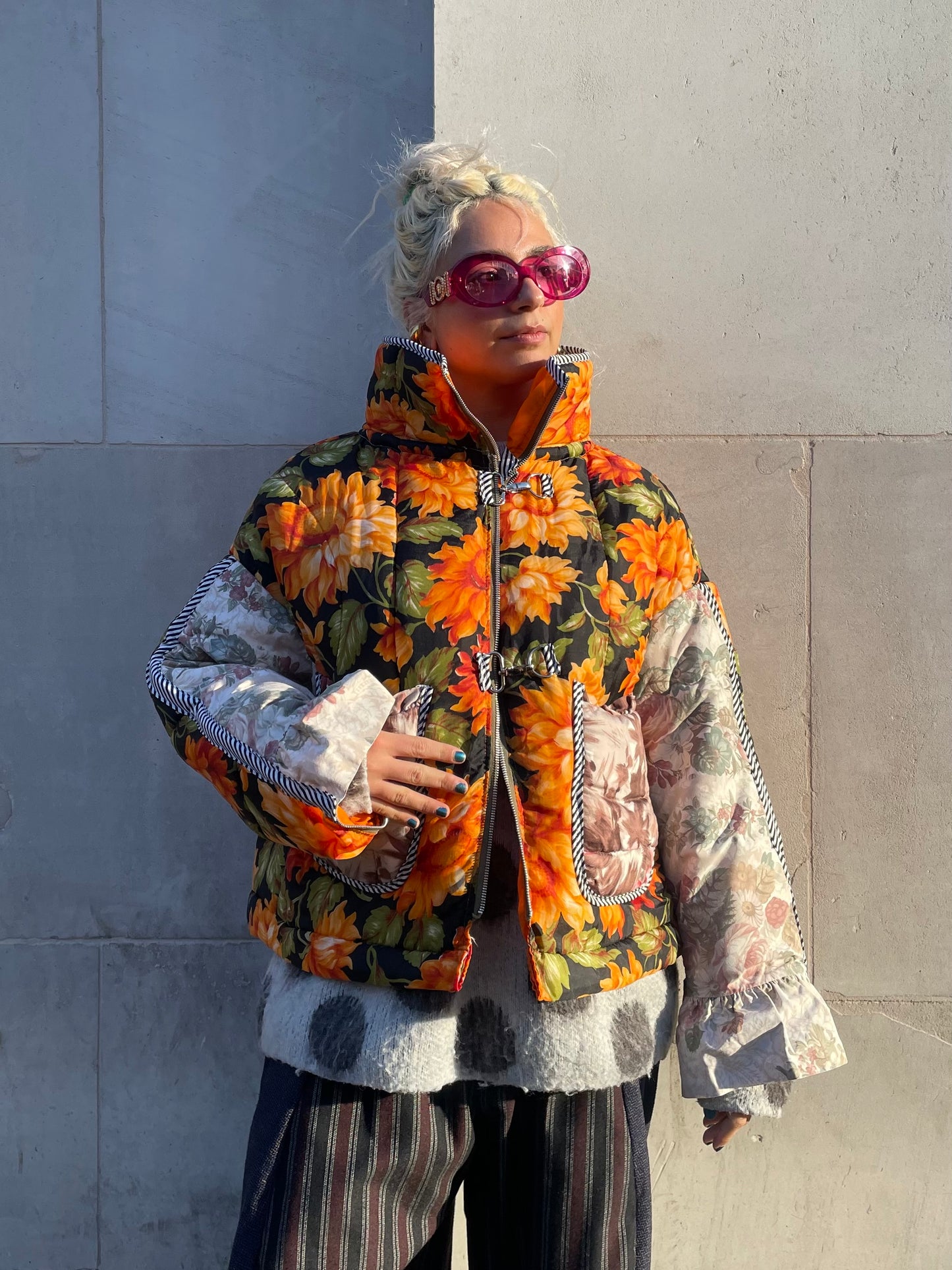 The Puffer Jacket in Orange and Pink Florals