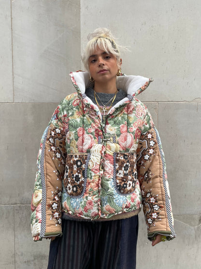 The Puffer Jacket in Pink Green and Brown Florals