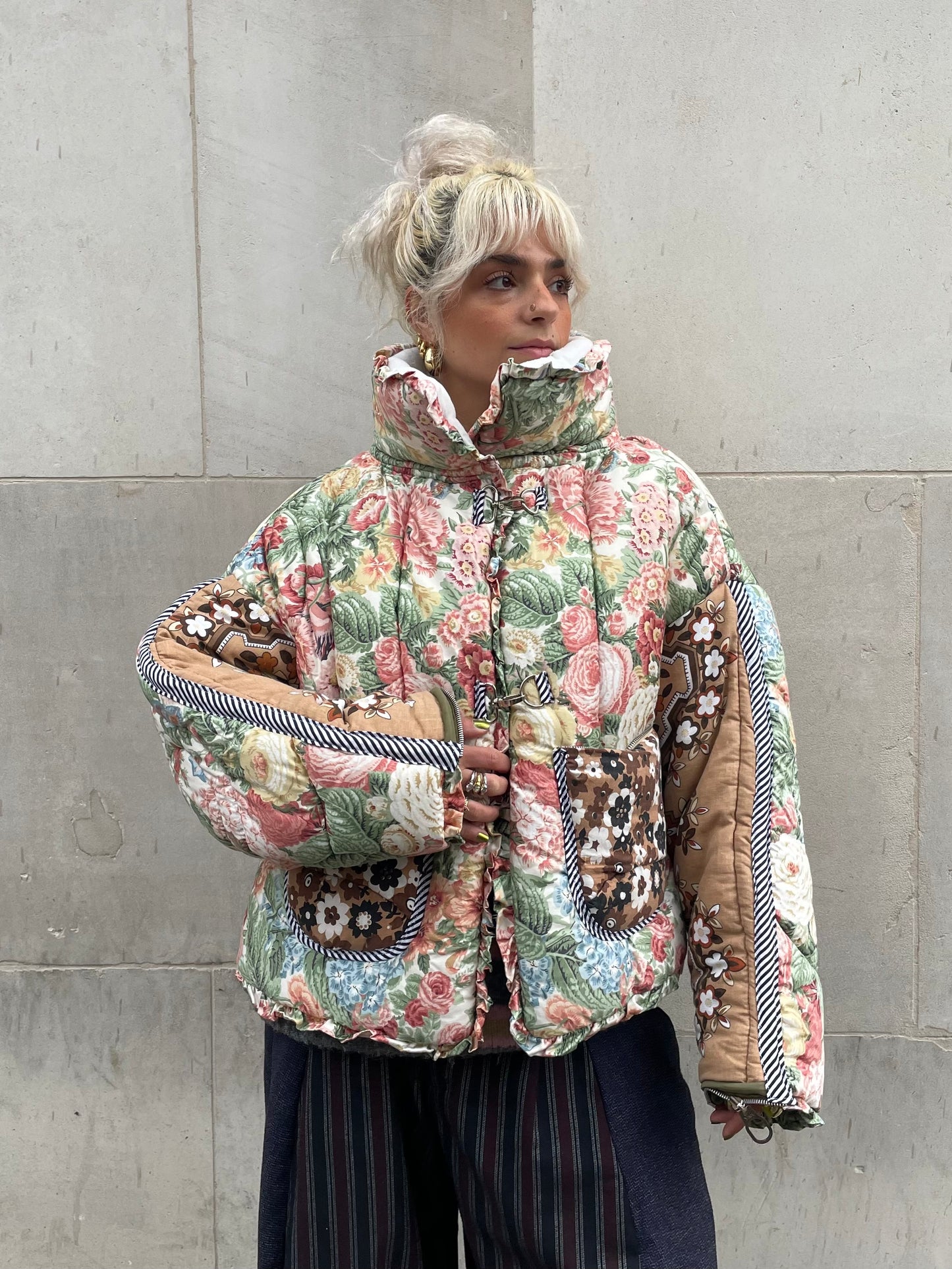 The Puffer Jacket in Pink Green and Brown Florals