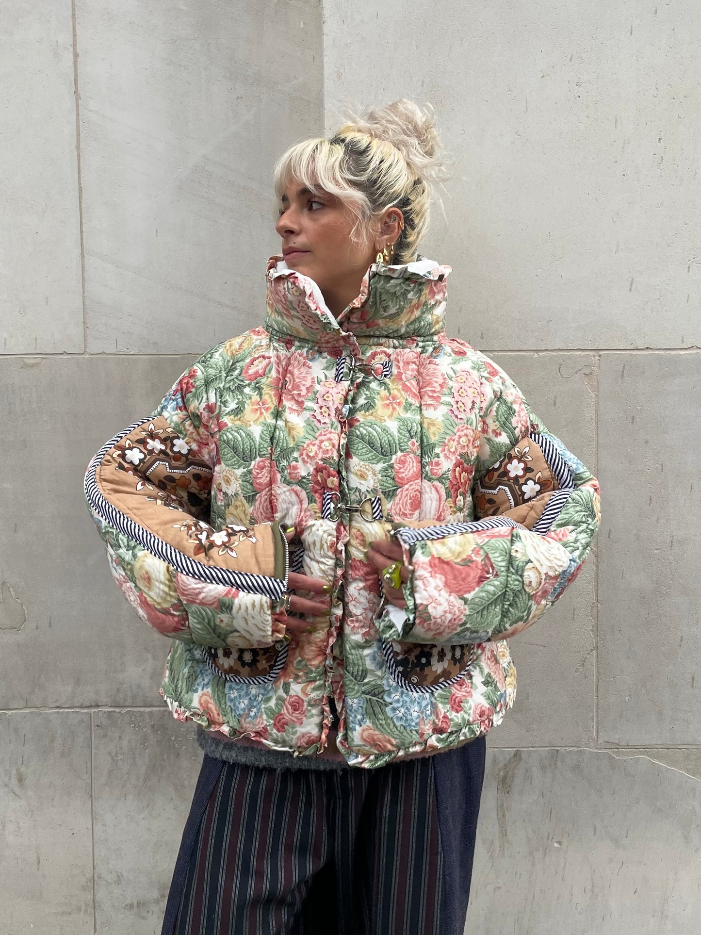 The Puffer Jacket in Pink Green and Brown Florals