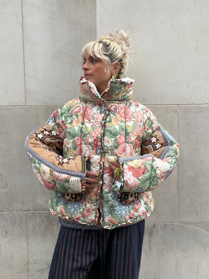 The Puffer Jacket in Pink Green and Brown Florals