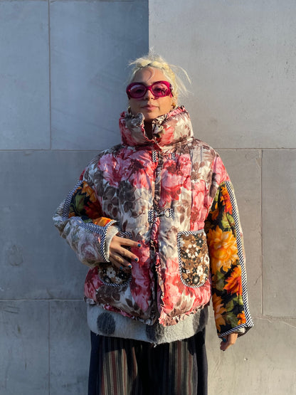 The Puffer Jacket in Pink and Orange Florals
