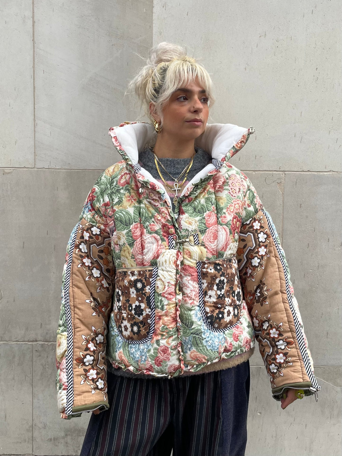The Puffer Jacket in Pink Green and Brown Florals