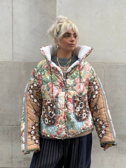 The Puffer Jacket in Pink Green and Brown Florals