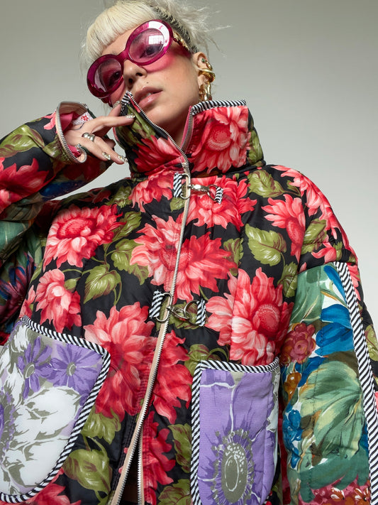 Upcycled Puffer Jacket in Pink and Green Florals