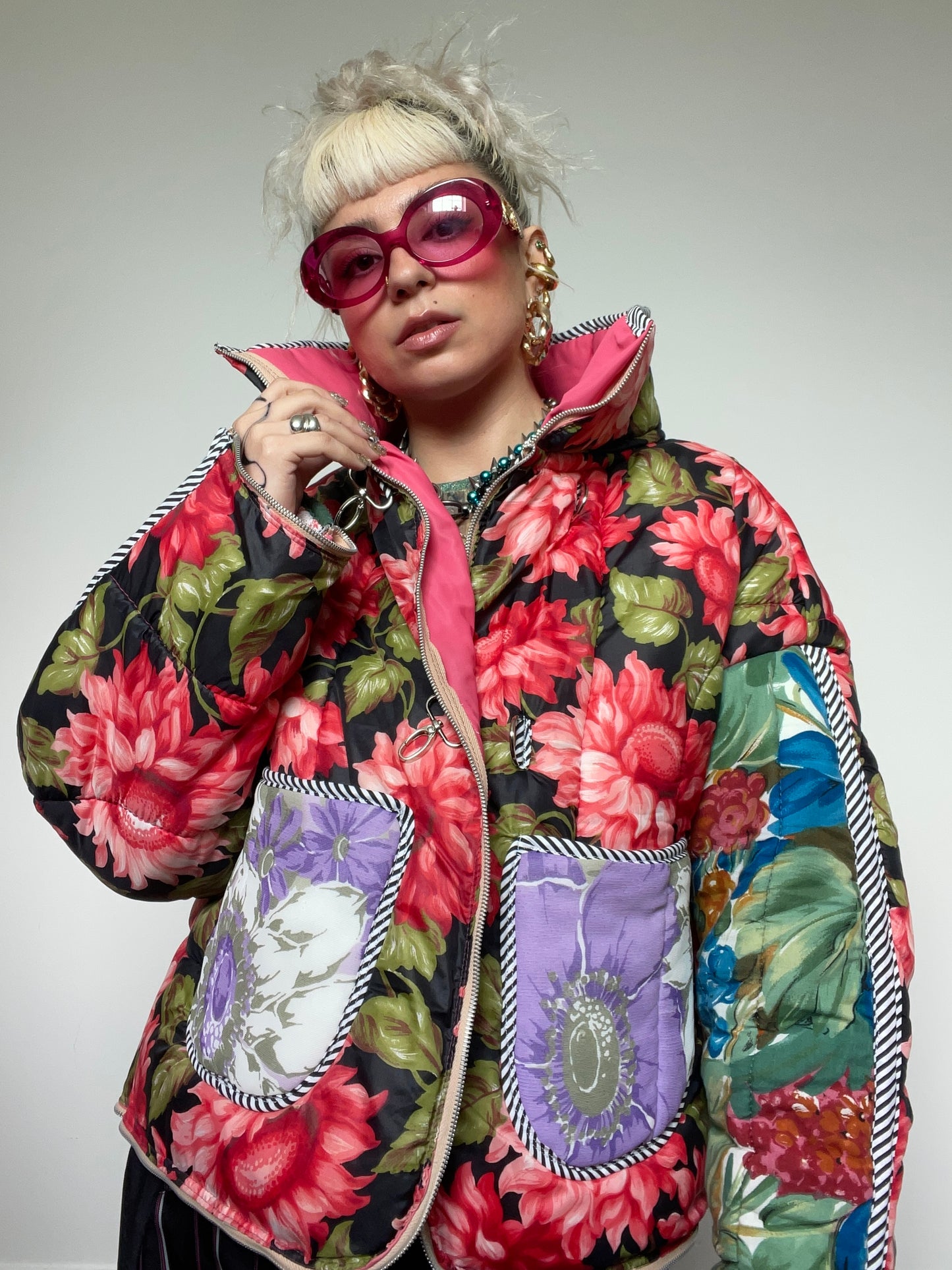 The Puffer Jacket in Pink and Green Florals