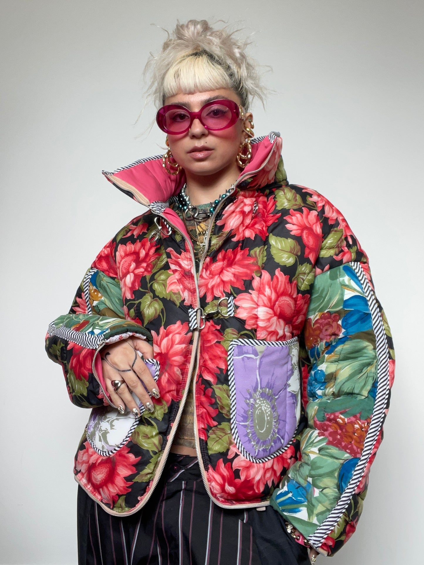 The Puffer Jacket in Pink and Green Florals
