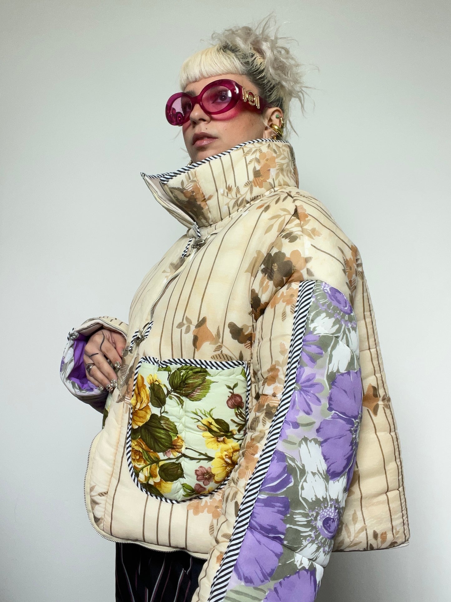The Puffer Jacket in Beige and Lilac Florals
