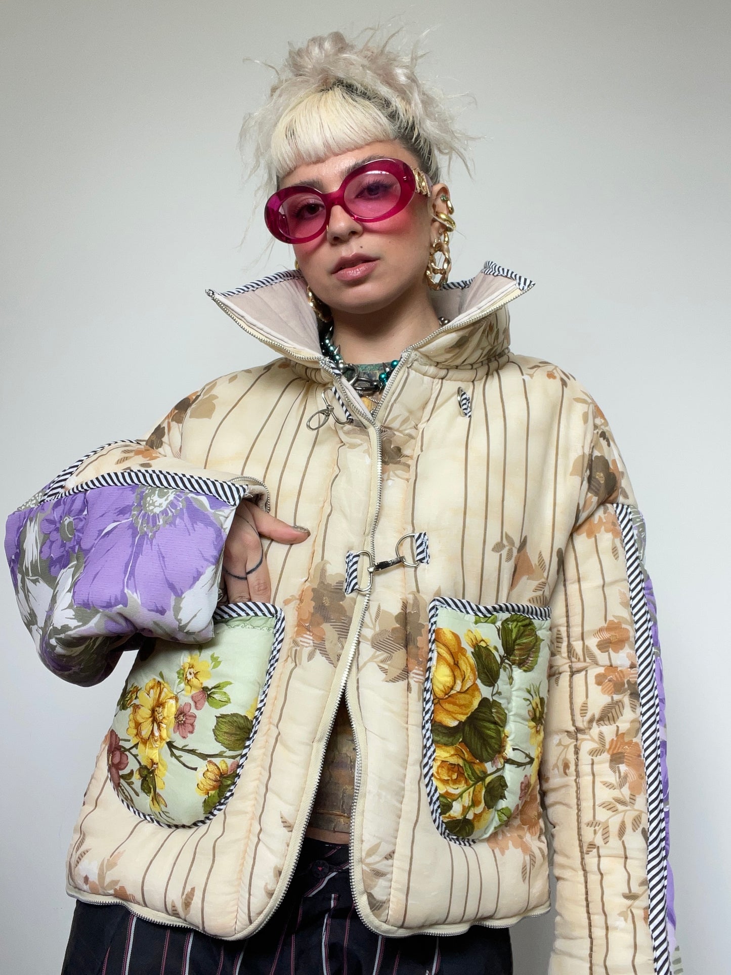 The Puffer Jacket in Beige and Lilac Florals