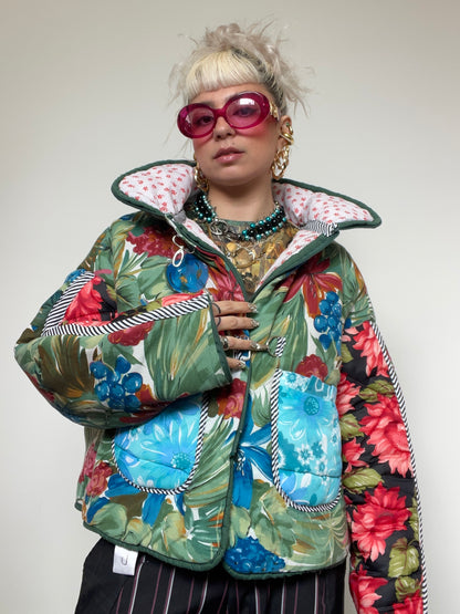 Upcycled Puffer Jacket in Green and Blue Florals