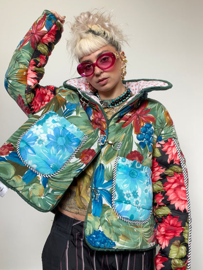 Upcycled Puffer Jacket in Green and Blue Florals