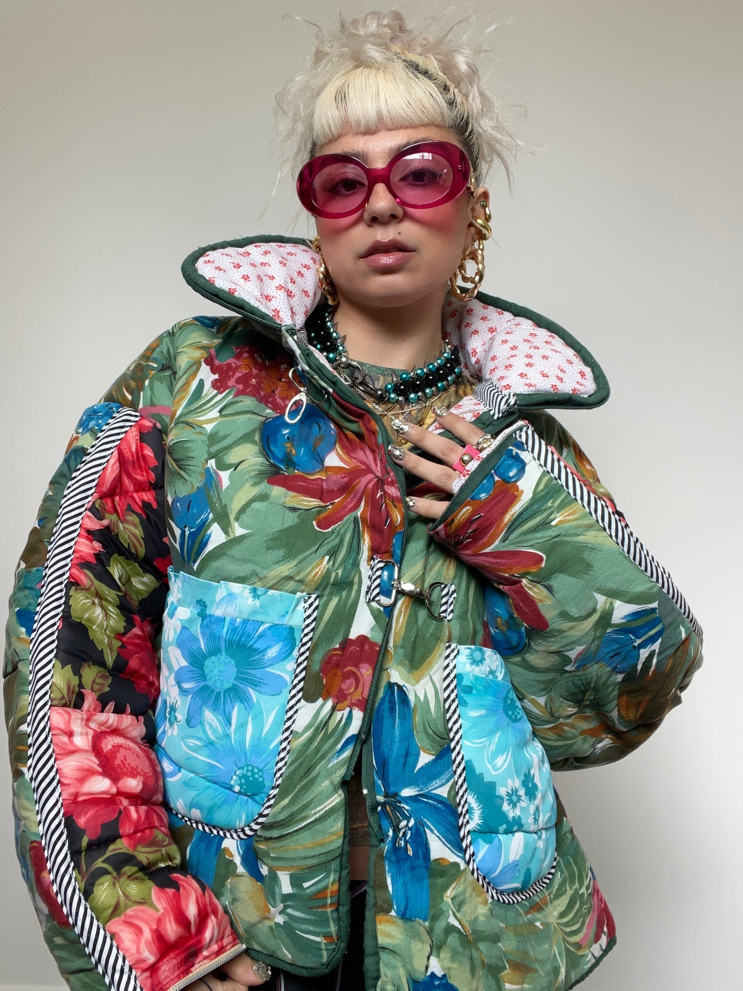 Upcycled Puffer Jacket in Green and Blue Florals