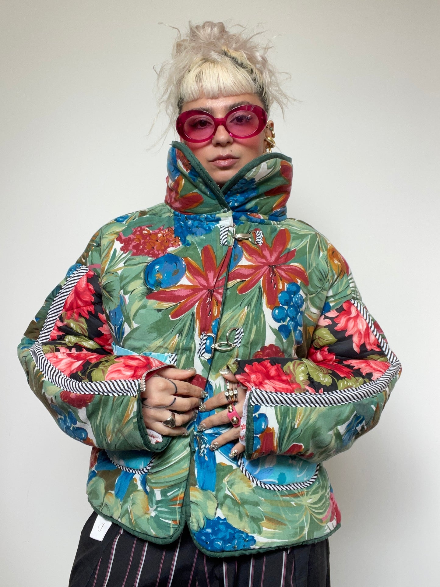 Upcycled Puffer Jacket in Green and Blue Florals