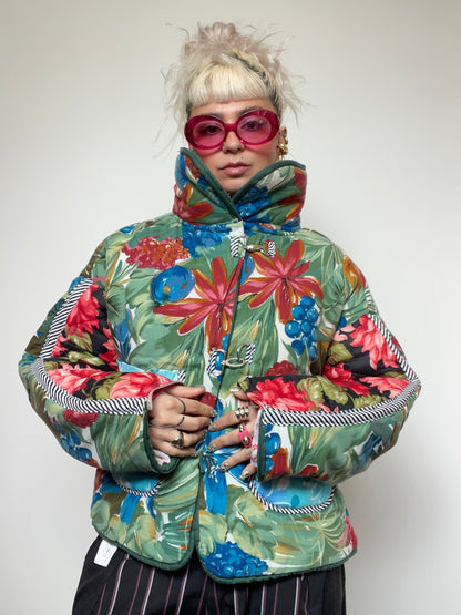 Upcycled Puffer Jacket in Green and Blue Florals