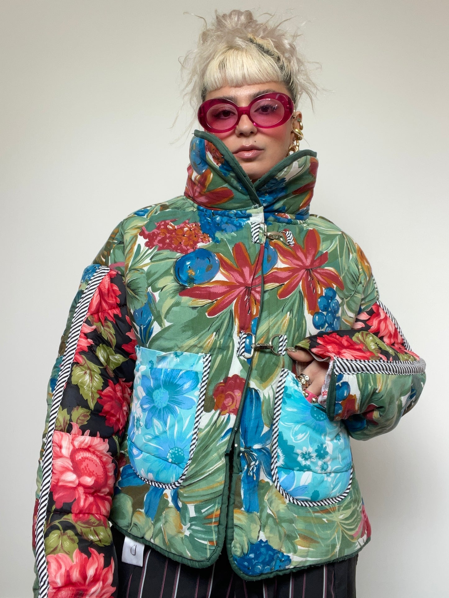 Upcycled Puffer Jacket in Green and Blue Florals