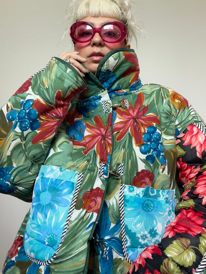 Upcycled Puffer Jacket in Green and Blue Florals