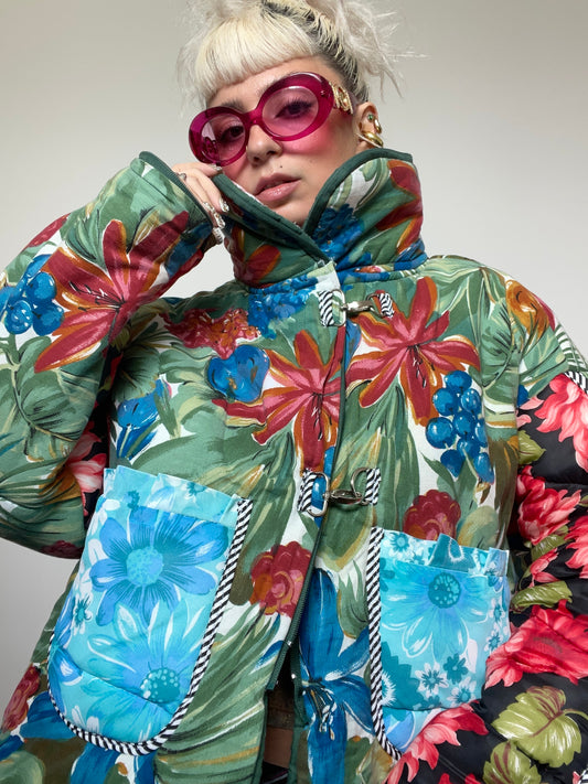 Upcycled Puffer Jacket in Green and Blue Florals