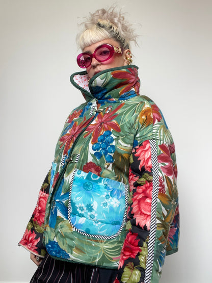 Upcycled Puffer Jacket in Green and Blue Florals