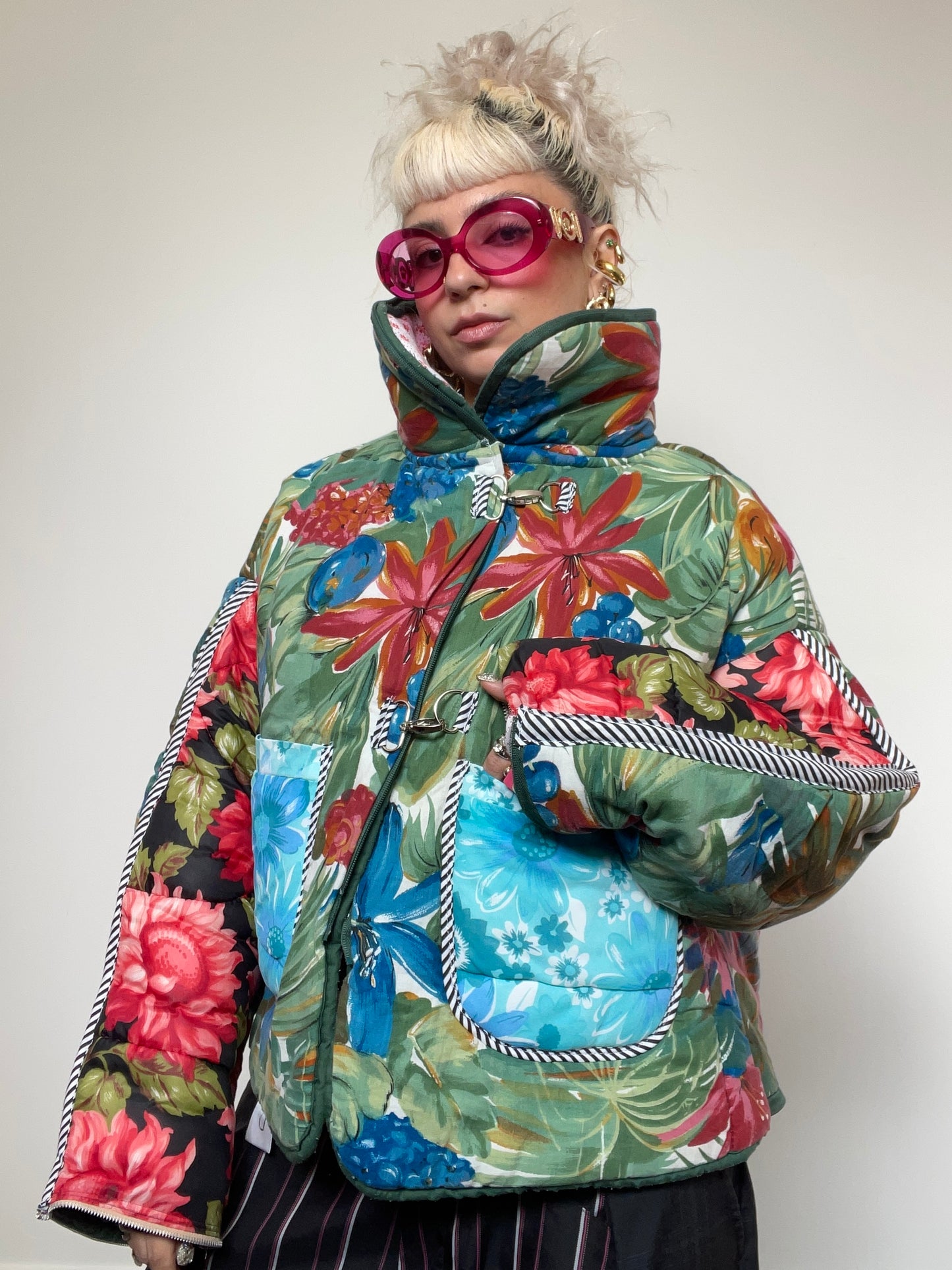 Upcycled Puffer Jacket in Green and Blue Florals