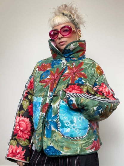 Upcycled Puffer Jacket in Green and Blue Florals