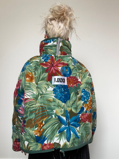 Upcycled Puffer Jacket in Green and Blue Florals