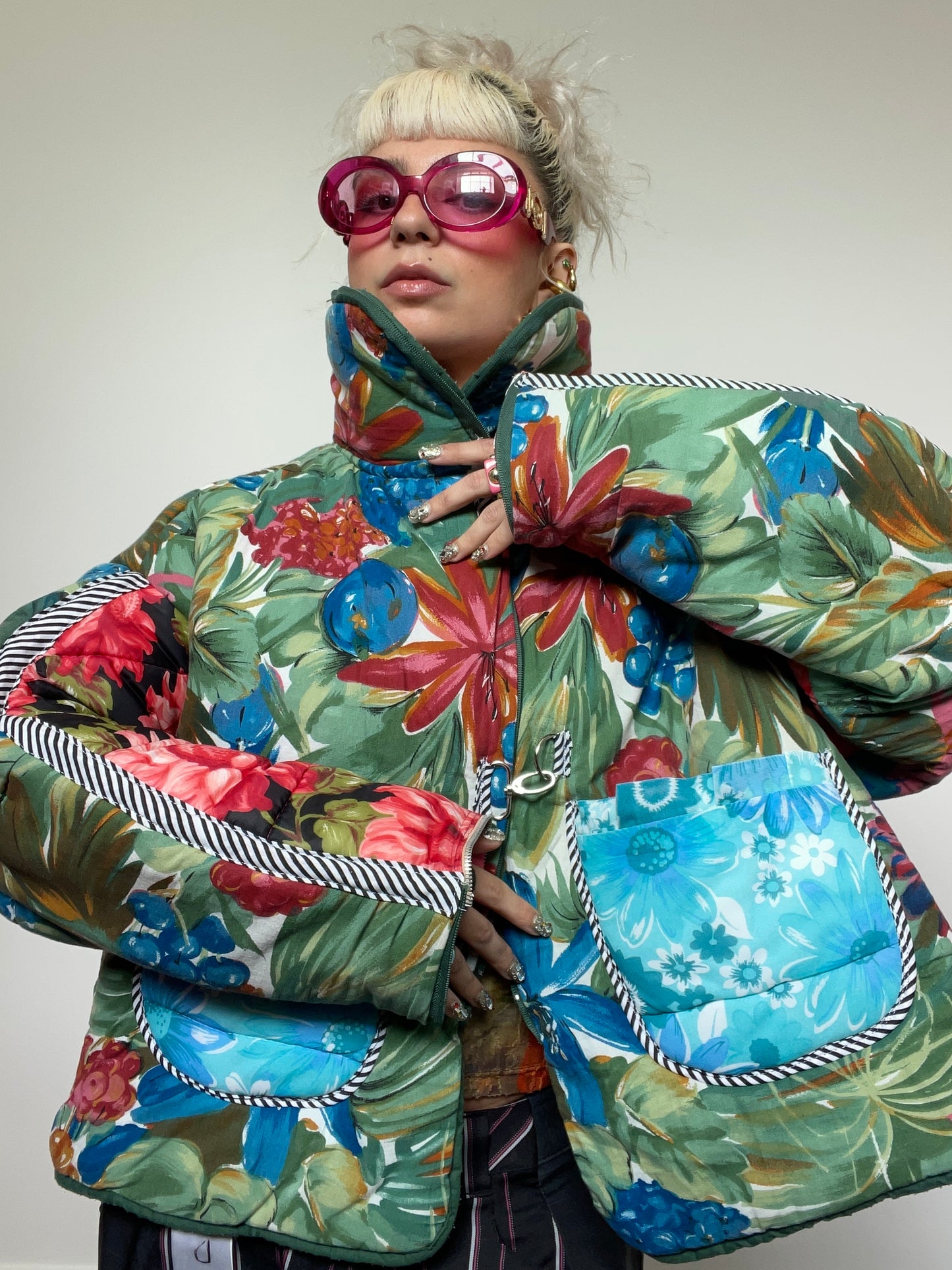 Upcycled Puffer Jacket in Green and Blue Florals