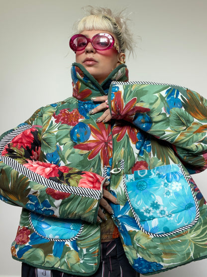 Upcycled Puffer Jacket in Green and Blue Florals