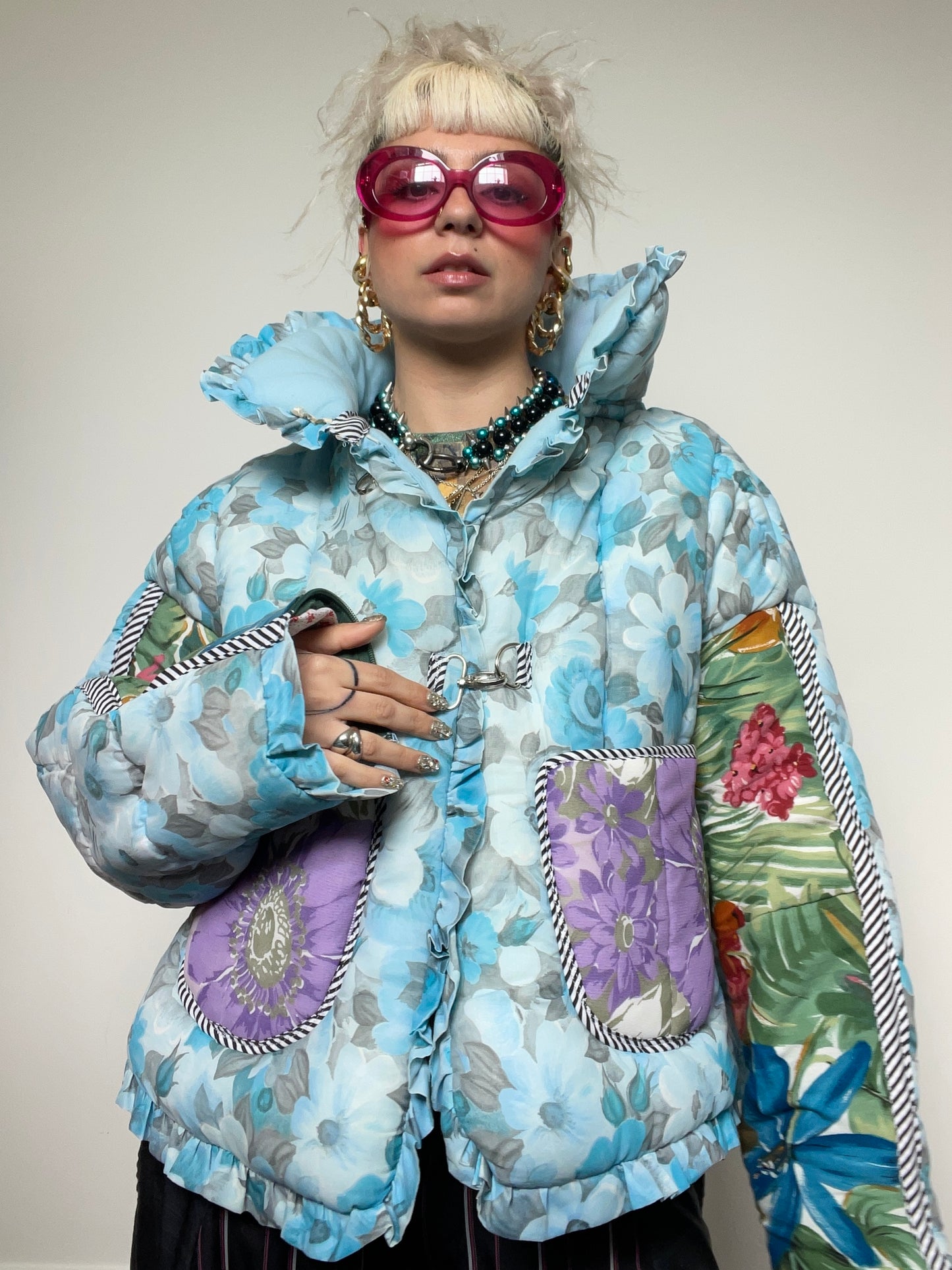 Upcycled Puffer Jacket in Baby Blue and Green Florals