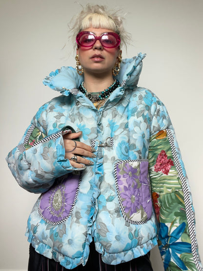 Upcycled Puffer Jacket in Baby Blue and Green Florals