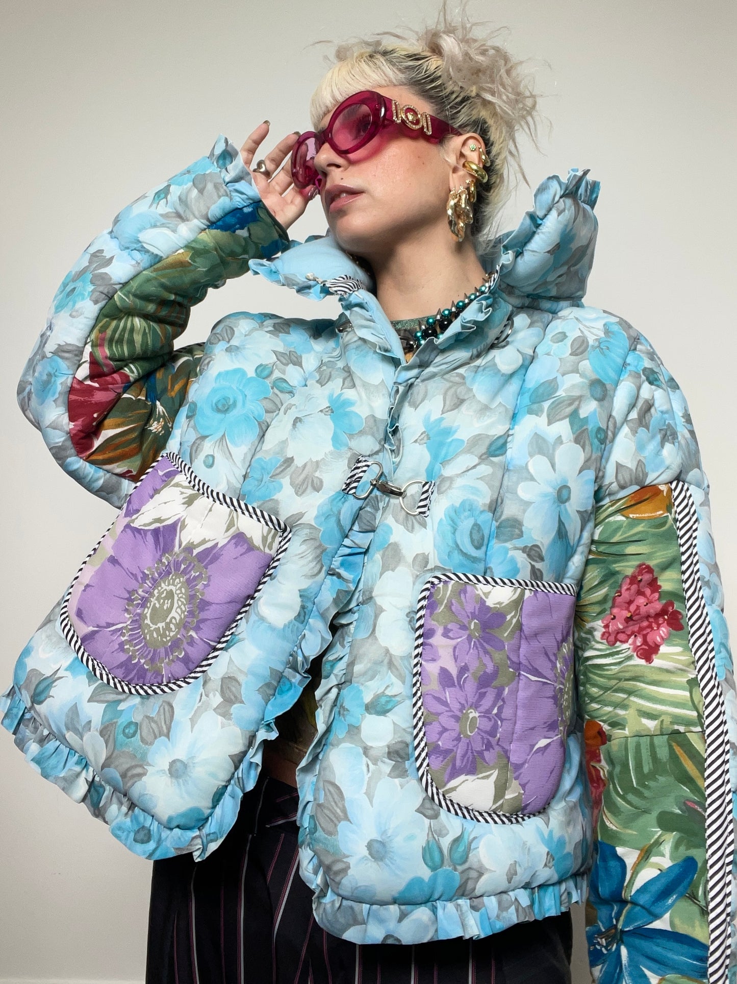 Upcycled Puffer Jacket in Baby Blue and Green Florals