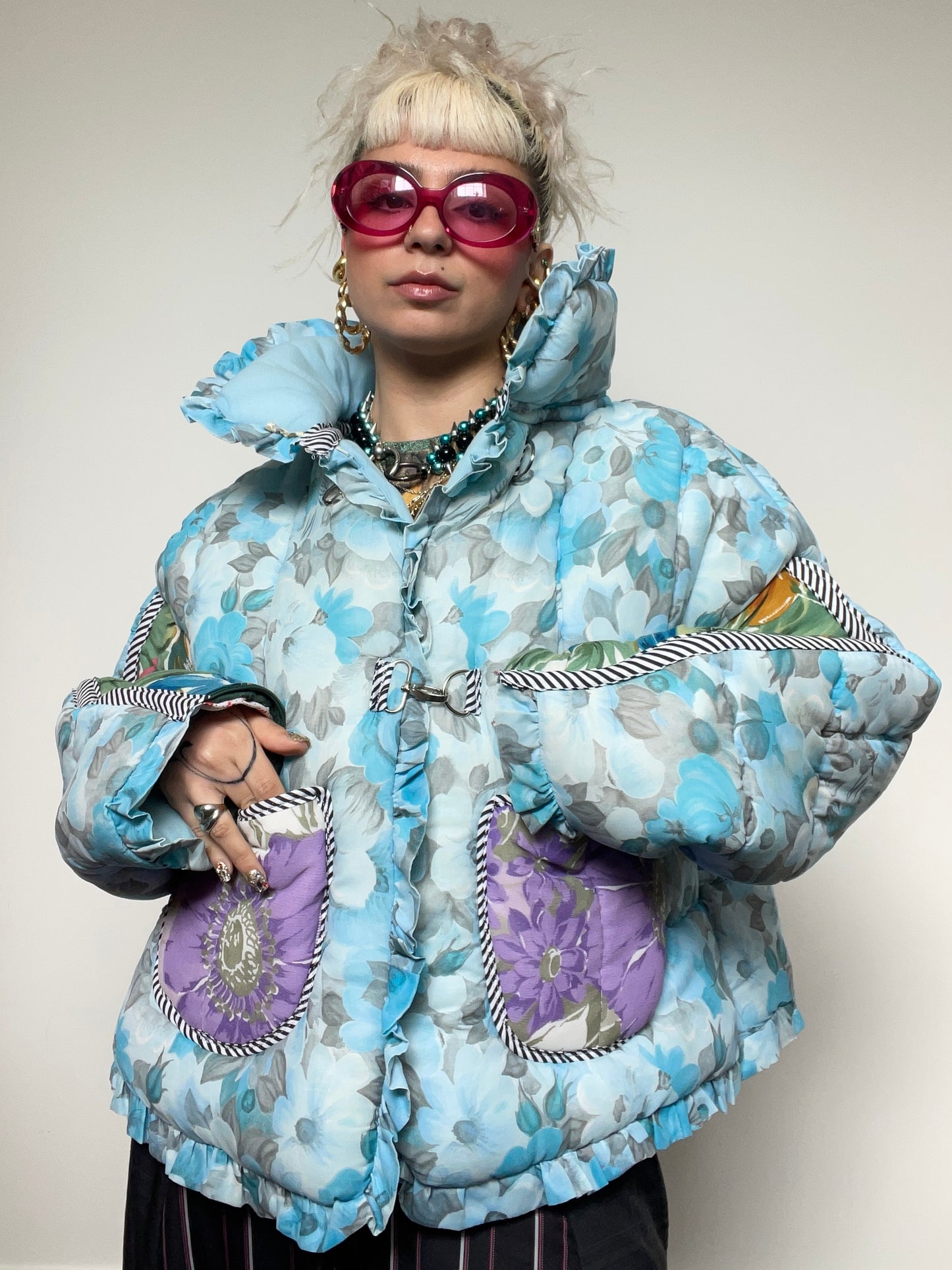 Upcycled Puffer Jacket in Baby Blue and Green Florals