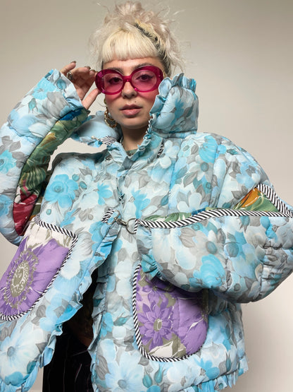 Upcycled Puffer Jacket in Baby Blue and Green Florals
