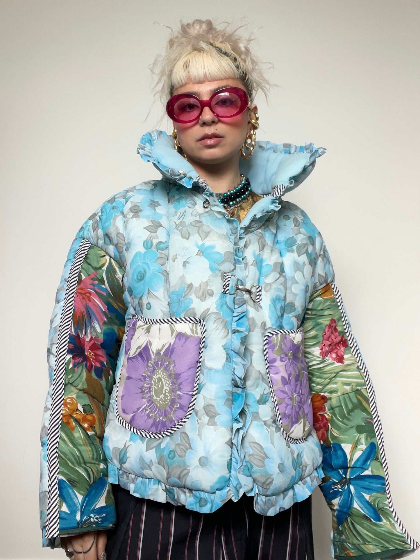 Upcycled Puffer Jacket in Baby Blue and Green Florals