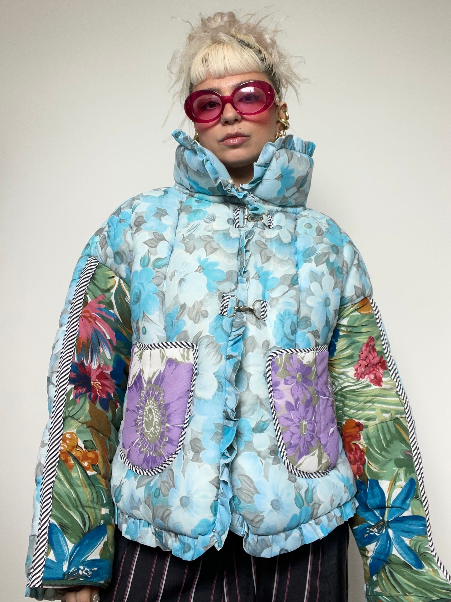 Upcycled Puffer Jacket in Baby Blue and Green Florals