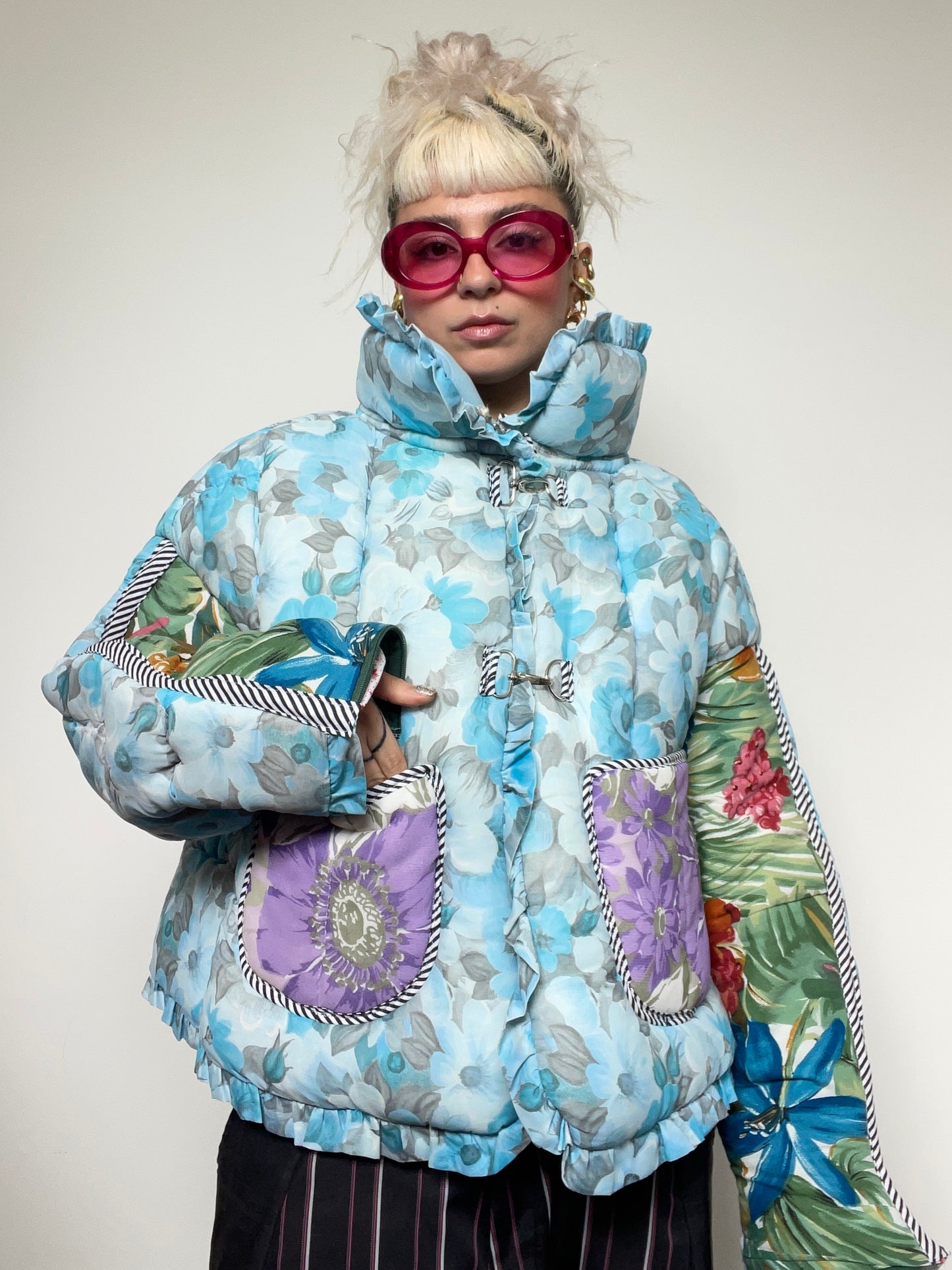 Upcycled Puffer Jacket in Baby Blue and Green Florals