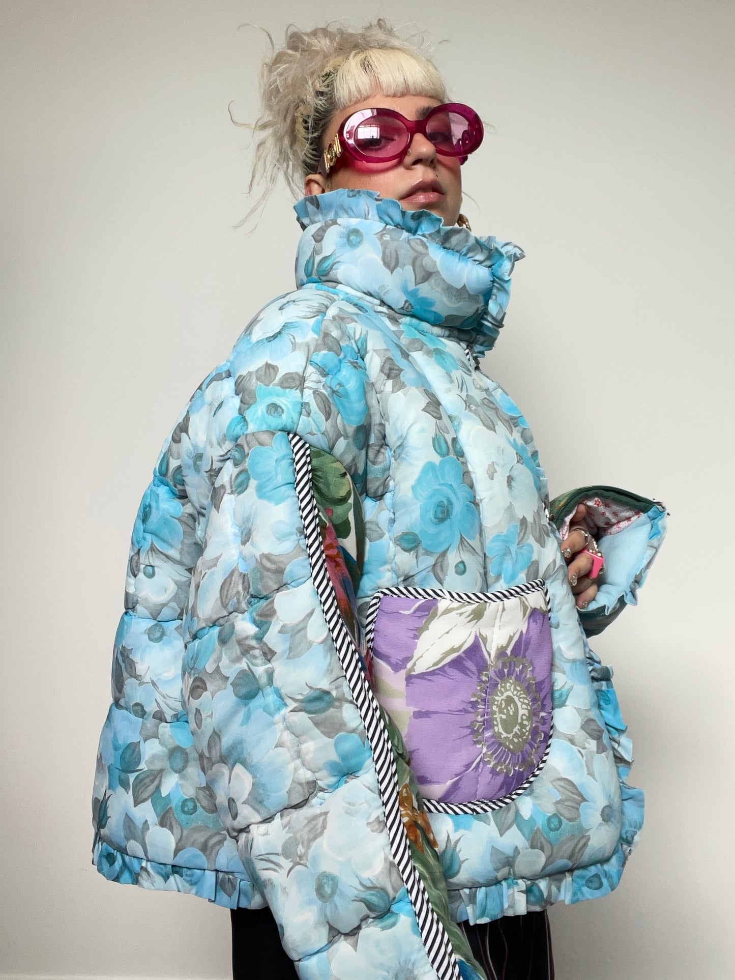 Upcycled Puffer Jacket in Baby Blue and Green Florals