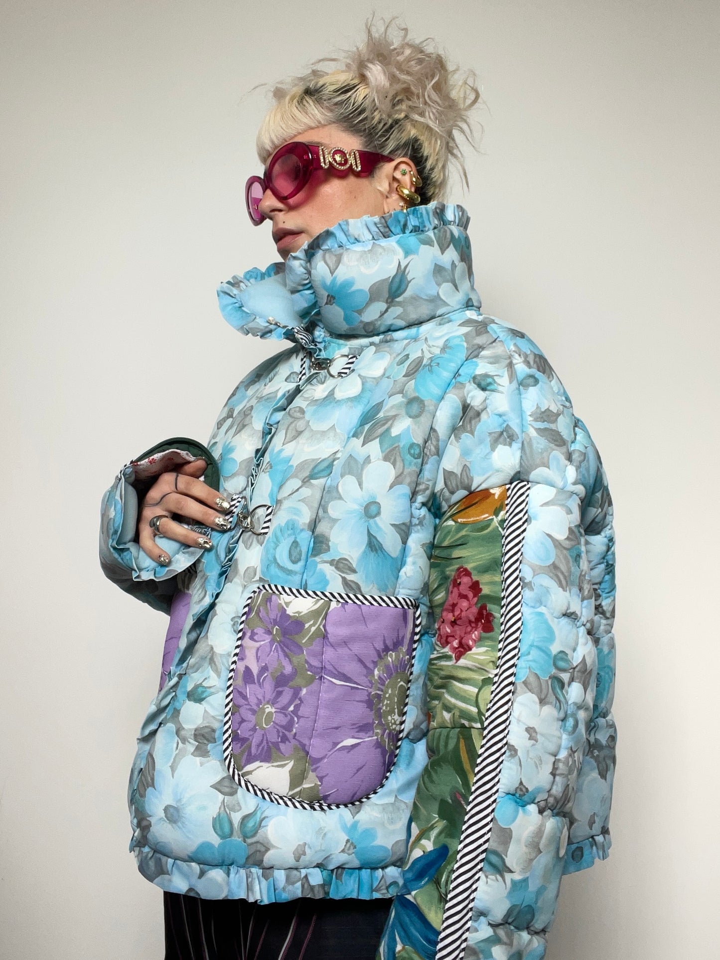 Upcycled Puffer Jacket in Baby Blue and Green Florals