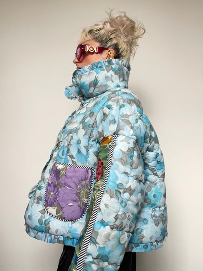 Upcycled Puffer Jacket in Baby Blue and Green Florals