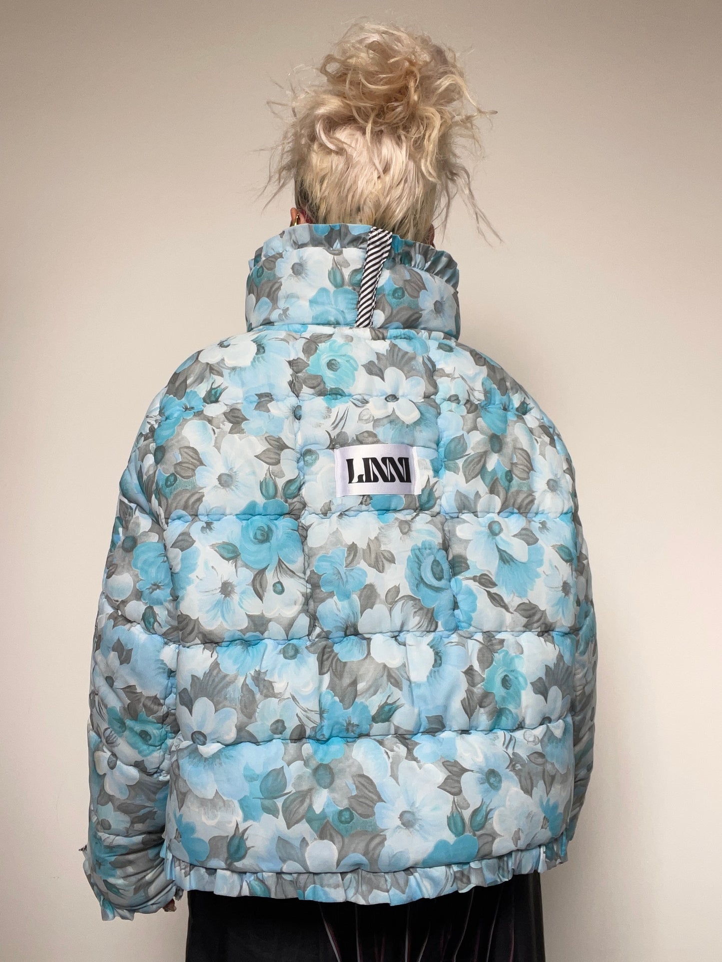 Upcycled Puffer Jacket in Baby Blue and Green Florals