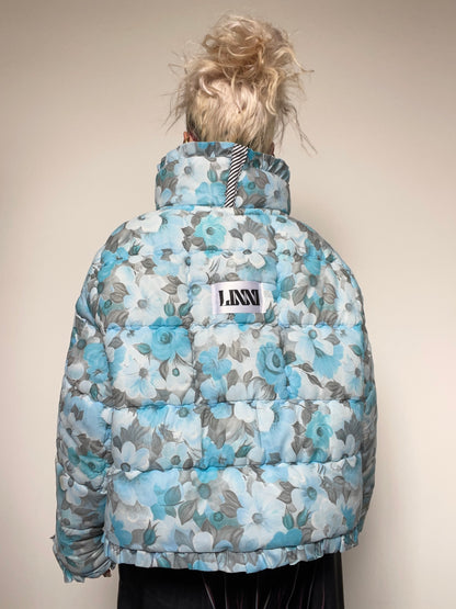 Upcycled Puffer Jacket in Baby Blue and Green Florals