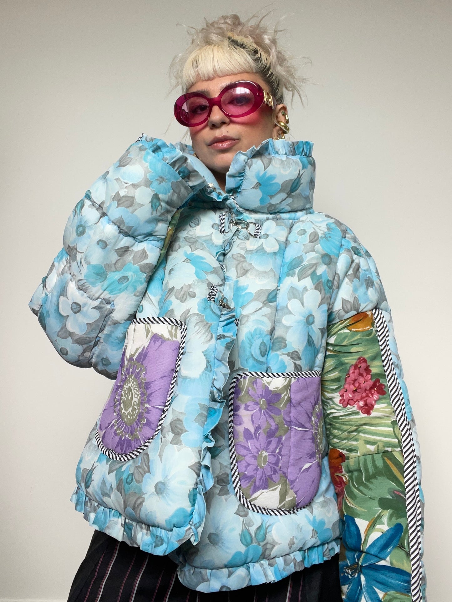 Upcycled Puffer Jacket in Baby Blue and Green Florals