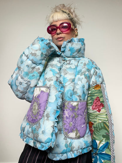 Upcycled Puffer Jacket in Baby Blue and Green Florals