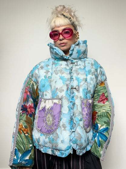 Upcycled Puffer Jacket in Baby Blue and Green Florals